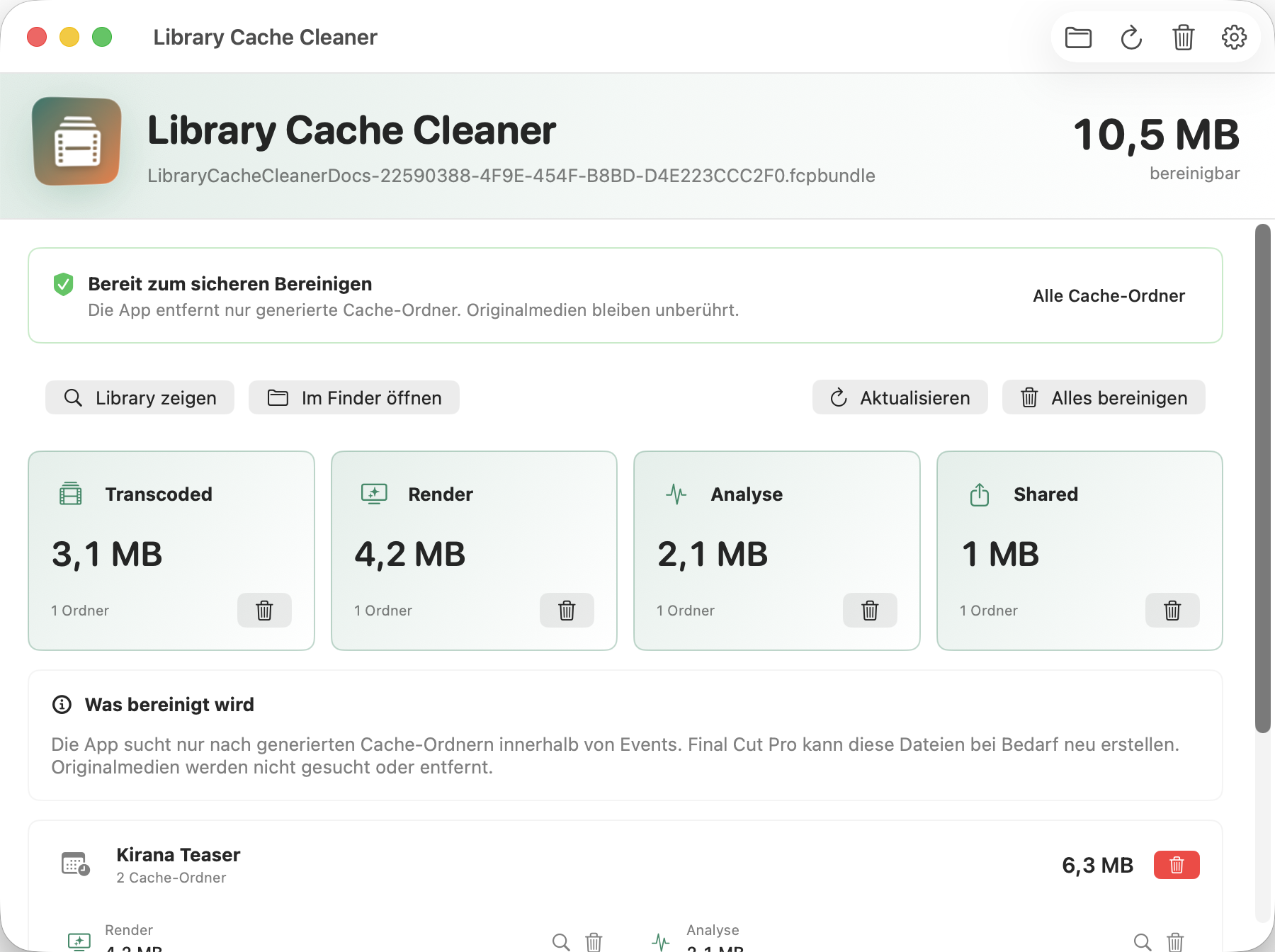 Library Cache Cleaner Scan-Ergebnis nach Kategorien