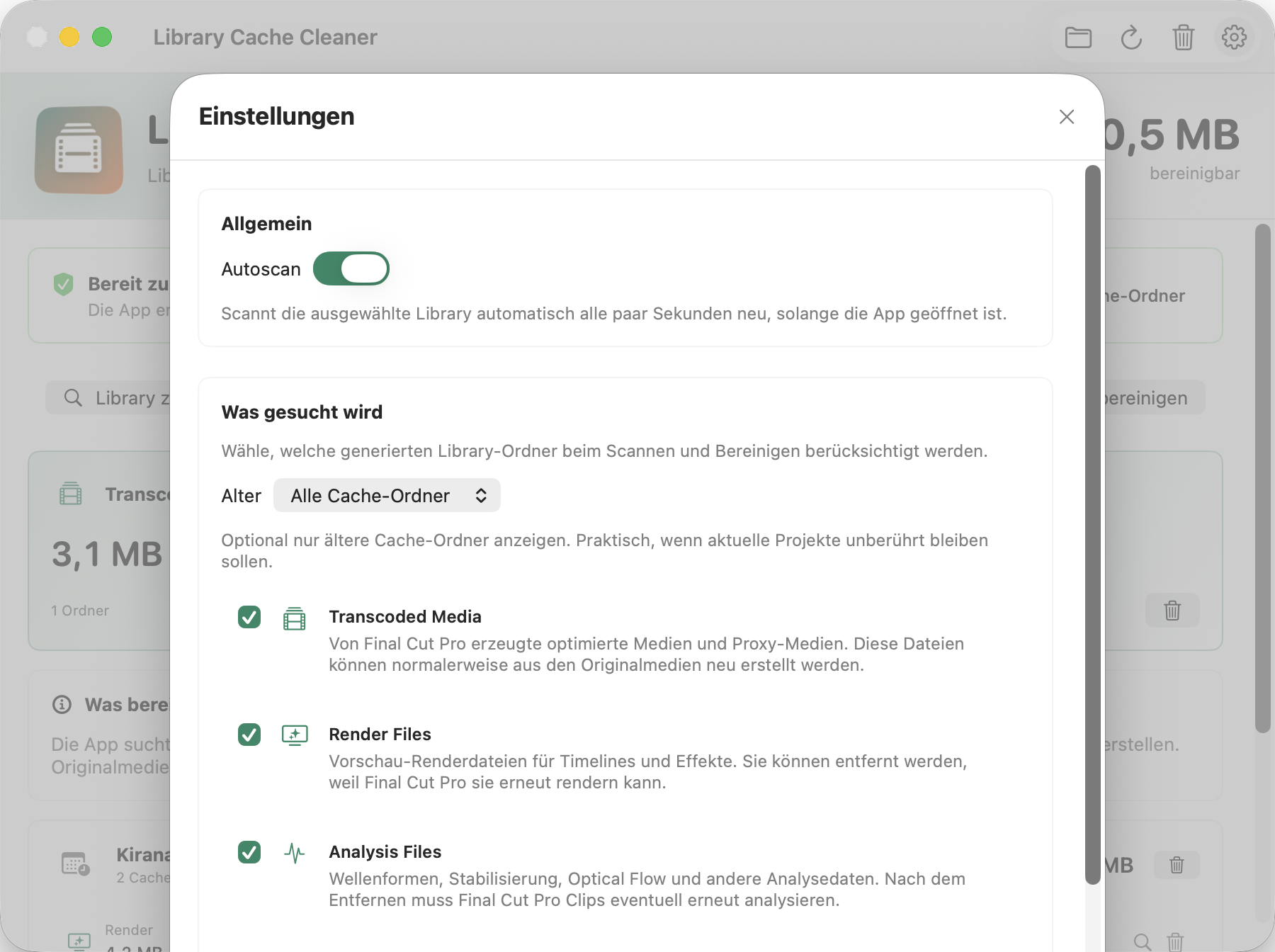 Library Cache Cleaner Suchtypen und Autoscan einstellen