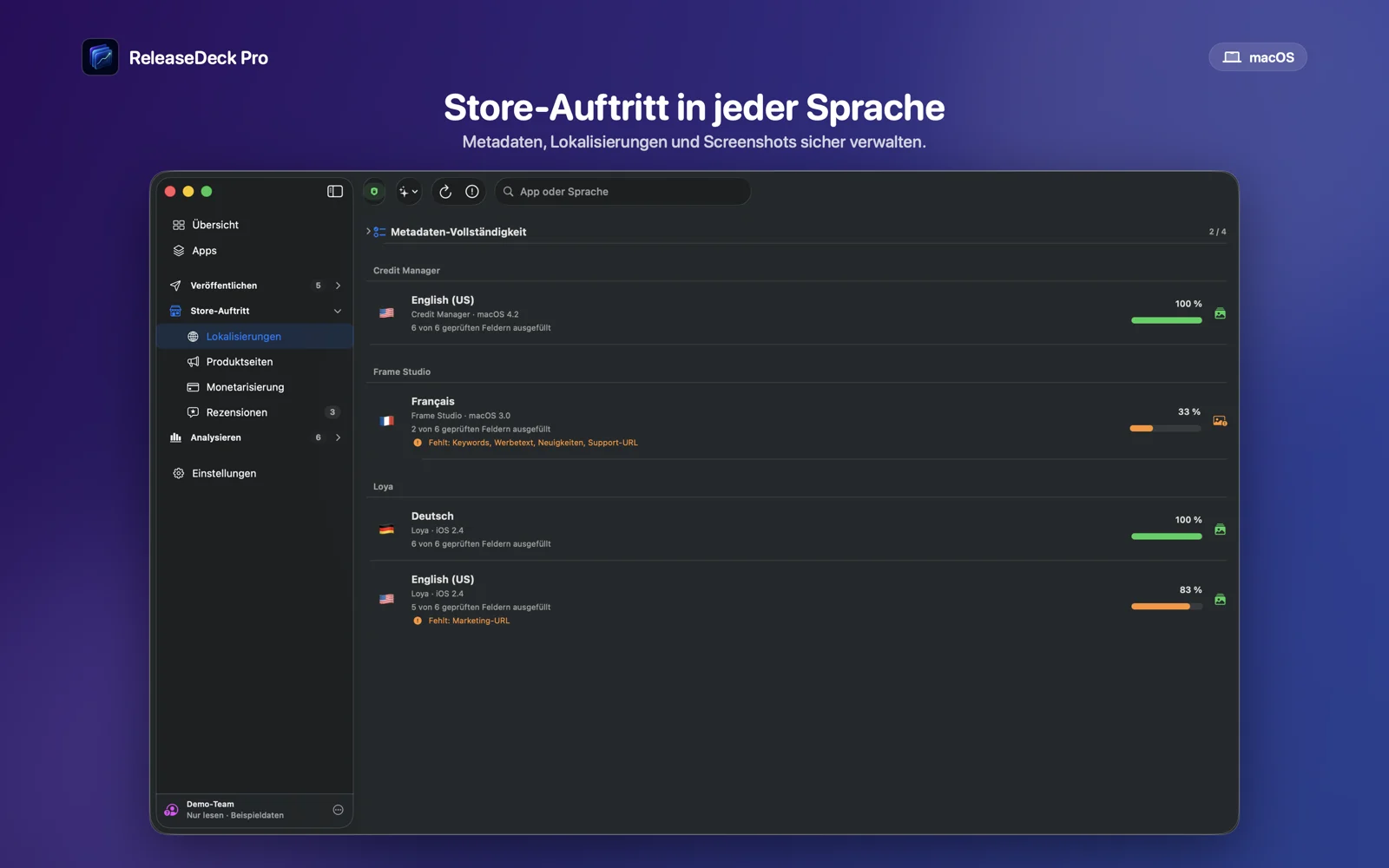 ReleaseDeck Pro Metadaten und Lokalisierungen verwalten