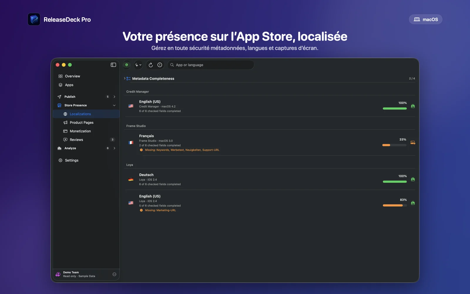 ReleaseDeck Pro Gérer métadonnées et localisations