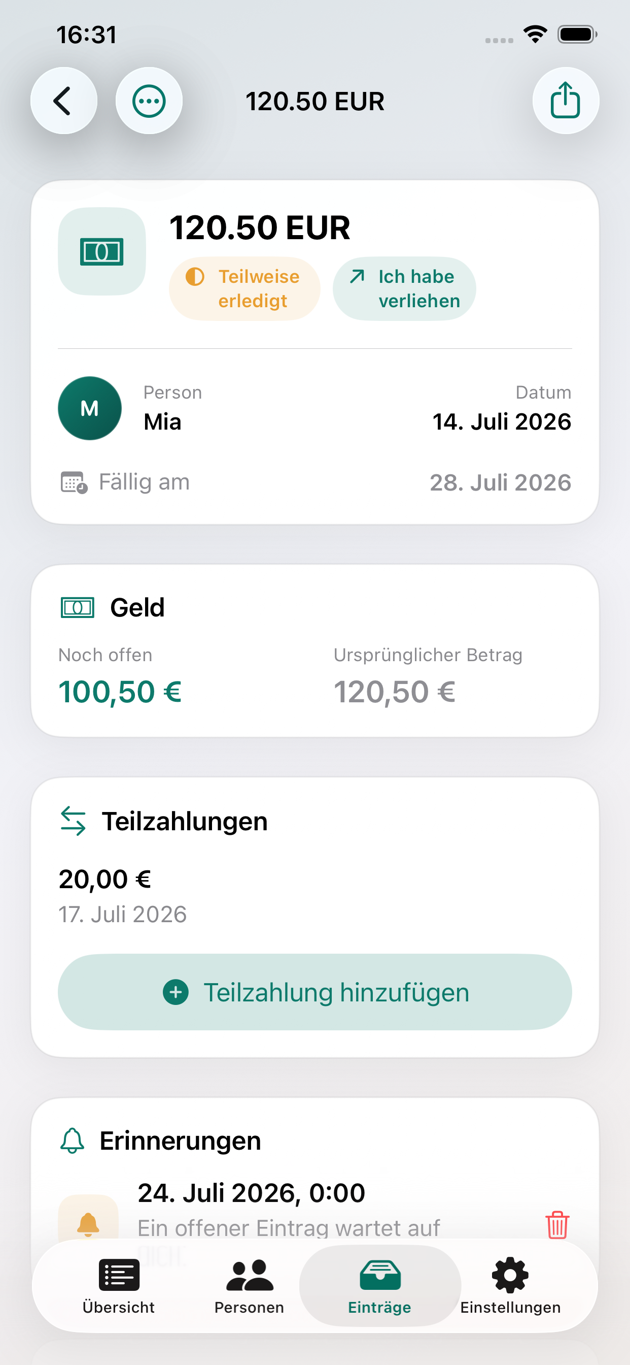My Lend Book Teilzahlungen mit Restbetrag