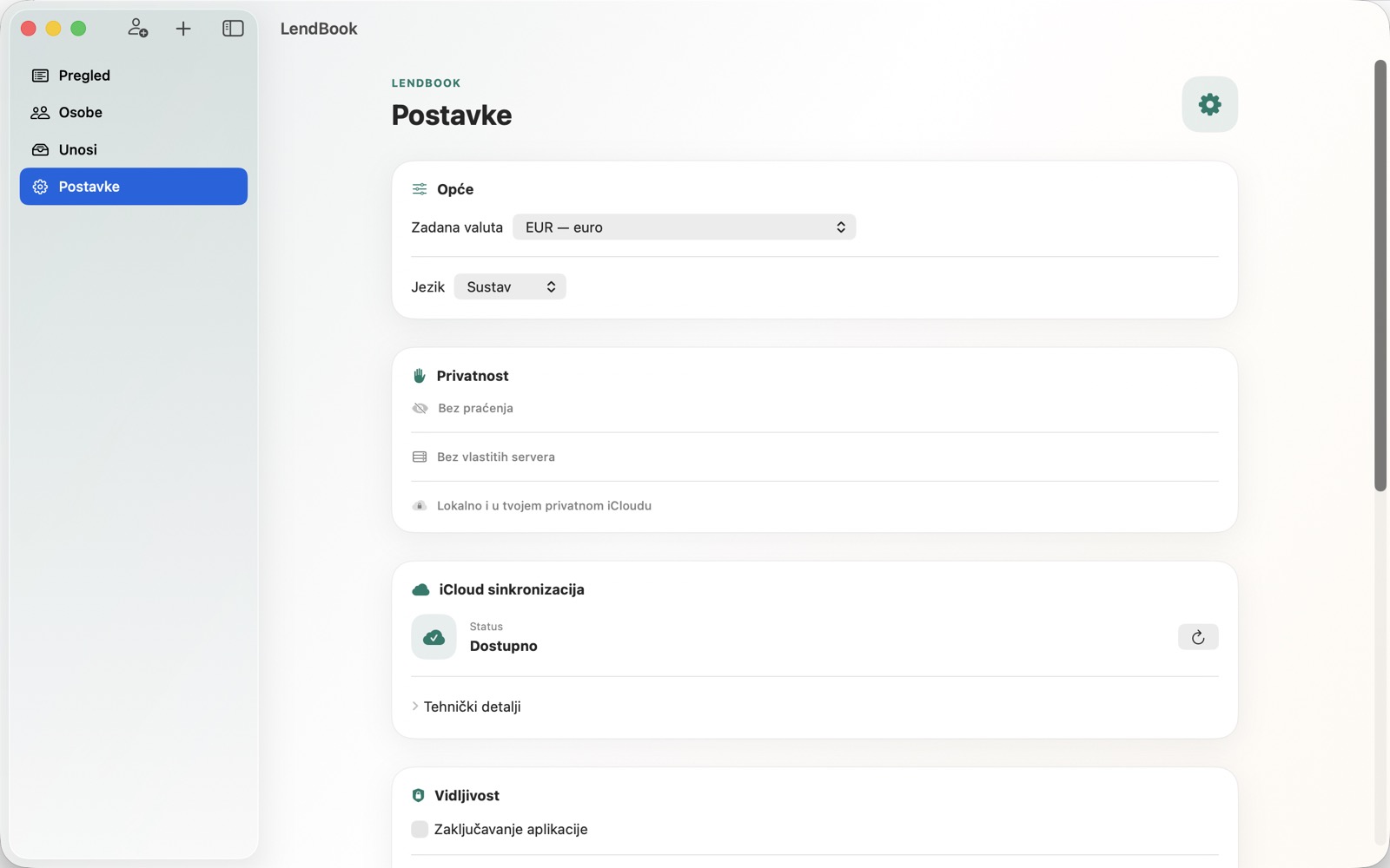 My Lend Book Privatnost, iCloud i izvoz