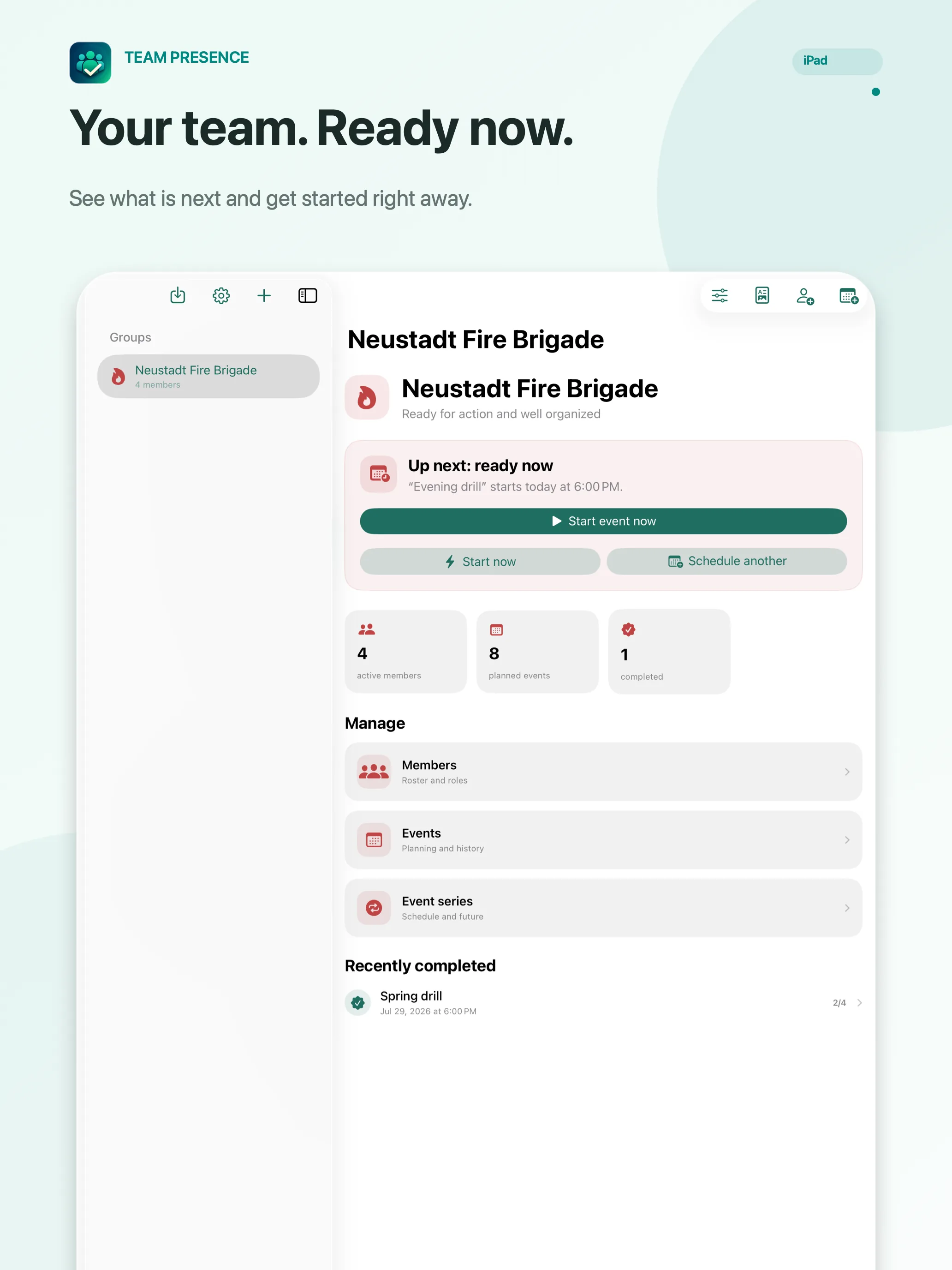Team Presence Dashboard with groups and upcoming events