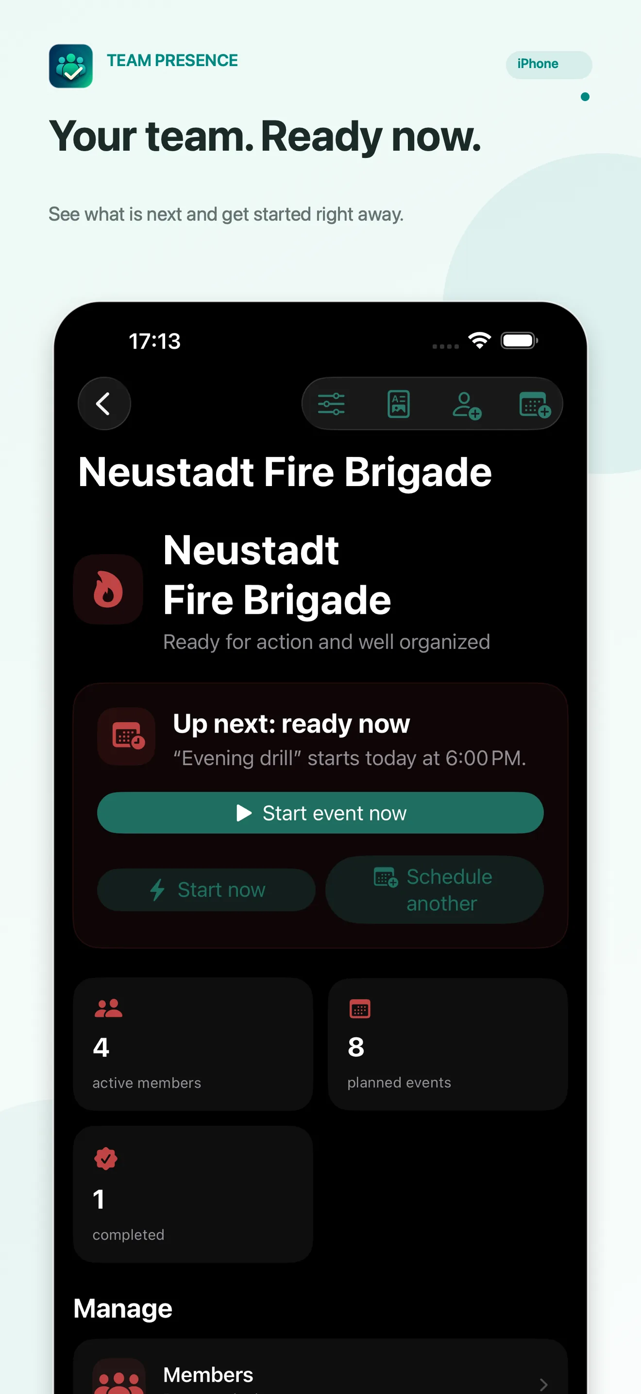 Team Presence Dashboard with groups and upcoming events