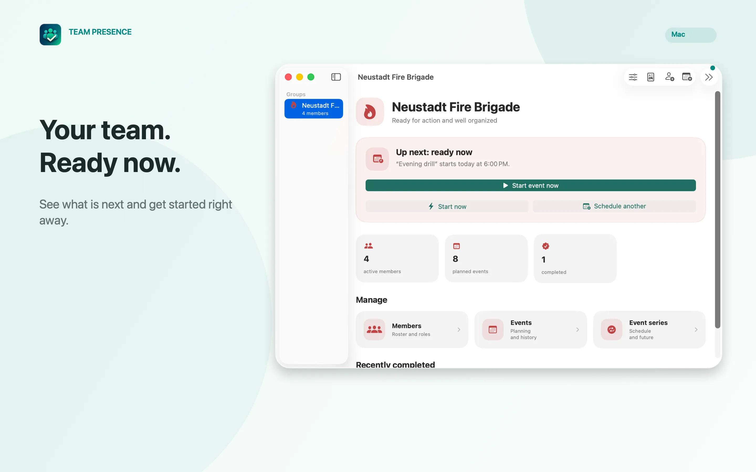 Team Presence Dashboard with groups and upcoming events